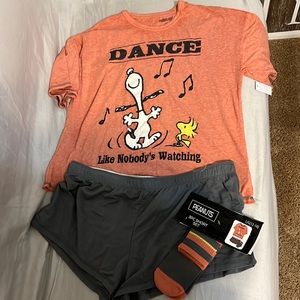 Snoopy 3 piece pajama set. Includes top, shorts, and socks. New with tags.